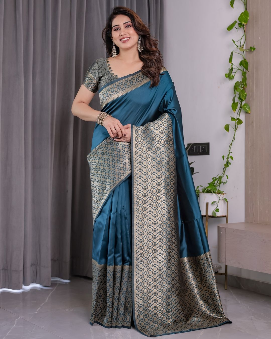 Teal Blue Banarasi Soft Silk Saree With Elegant Golden Zari
