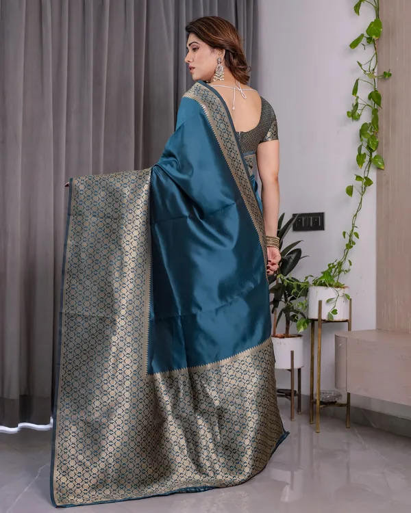 Teal Blue Banarasi Soft Silk Saree With Elegant Golden Zari