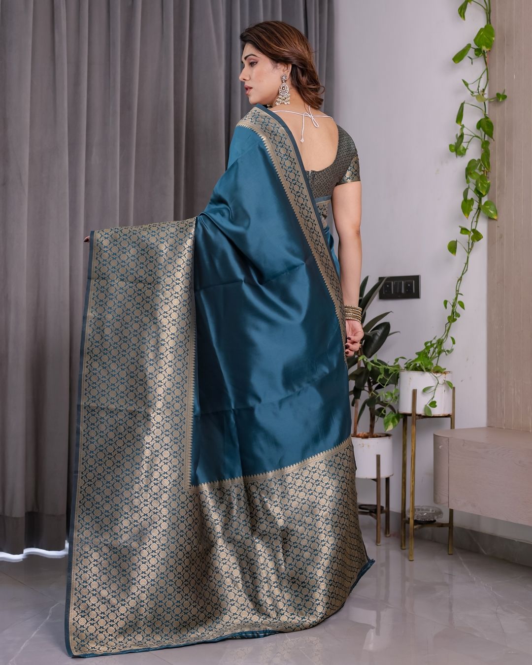 Teal Blue Banarasi Soft Silk Saree With Elegant Golden Zari