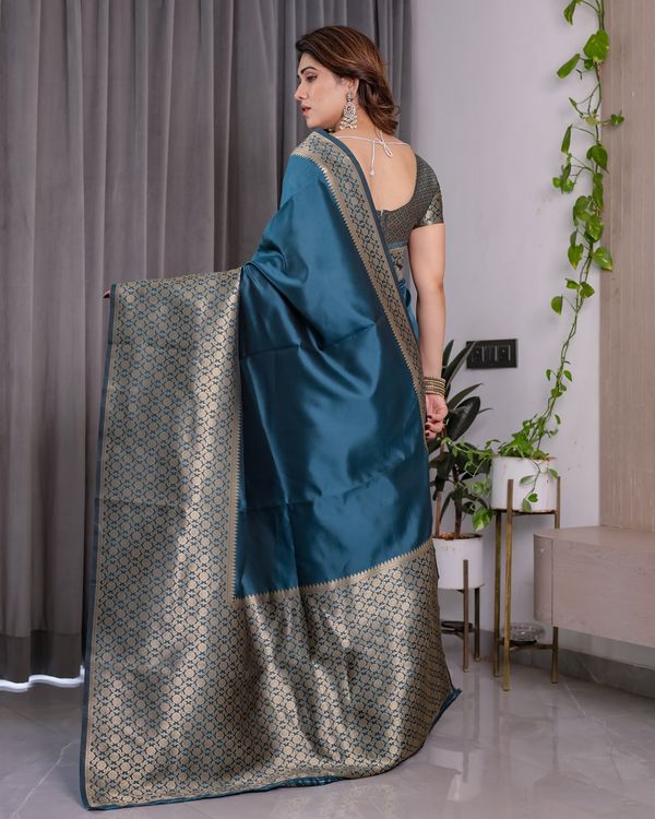Teal Blue Banarasi Soft Silk Saree With Elegant Golden Zari
