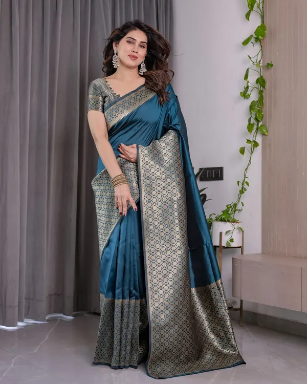 Teal Blue Banarasi Soft Silk Saree With Elegant Golden Zari