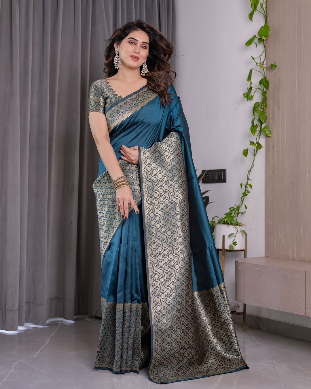 Teal Blue Banarasi Soft Silk Saree With Elegant Golden Zari