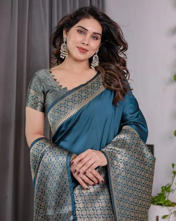 Teal Blue Banarasi Soft Silk Saree With Elegant Golden Zari