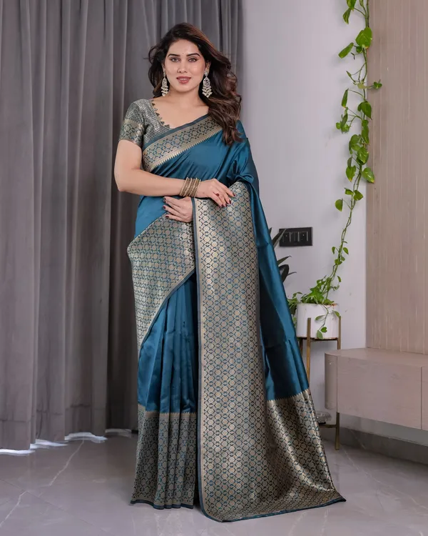 Teal Blue Banarasi Soft Silk Saree With Elegant Golden Zari