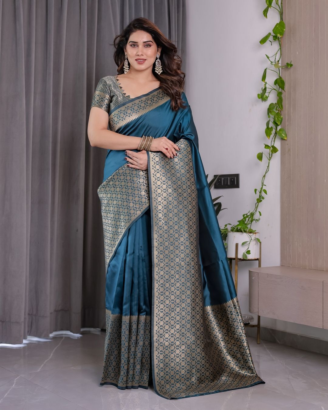 Teal Blue Banarasi Soft Silk Saree With Elegant Golden Zari