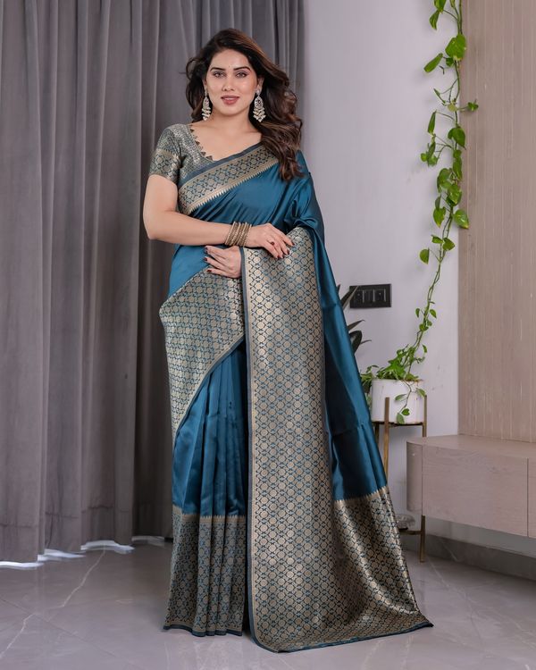 Teal Blue Banarasi Soft Silk Saree With Elegant Golden Zari
