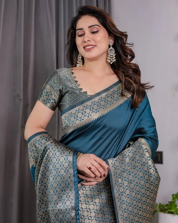 Teal Blue Banarasi Soft Silk Saree With Elegant Golden Zari