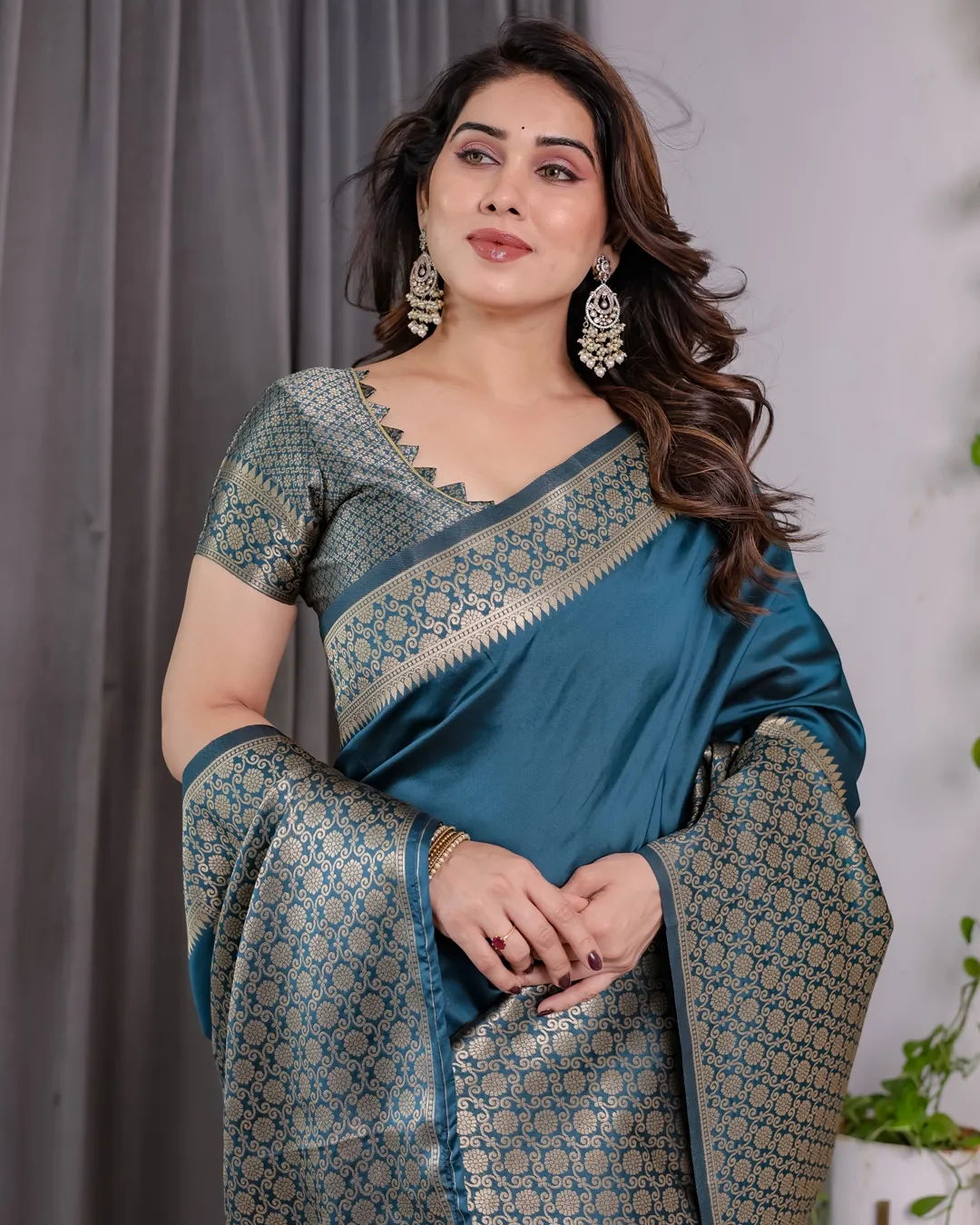 Teal Blue Banarasi Soft Silk Saree With Elegant Golden Zari