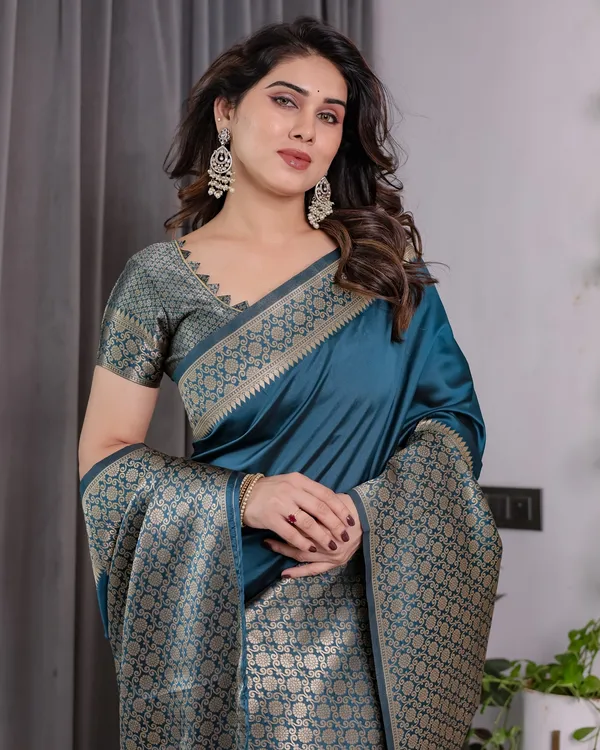 Teal Blue Banarasi Soft Silk Saree With Elegant Golden Zari