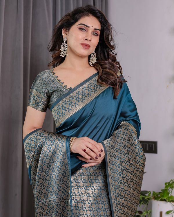 Teal Blue Banarasi Soft Silk Saree With Elegant Golden Zari