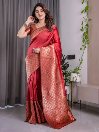Coral Red Banarasi Soft Silk Saree with Golden Zari Borders