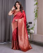 Coral Red Banarasi Soft Silk Saree With Golden Zari Borders - Red, Rust, Coral, Crimson, Scarlet, Terracotta, Chestnut, Bronze
