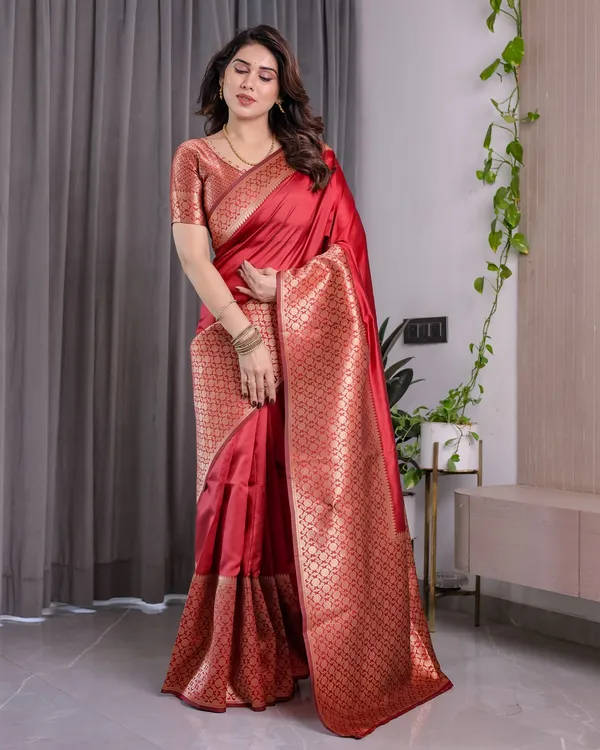 Coral Red Banarasi Soft Silk Saree With Golden Zari Borders