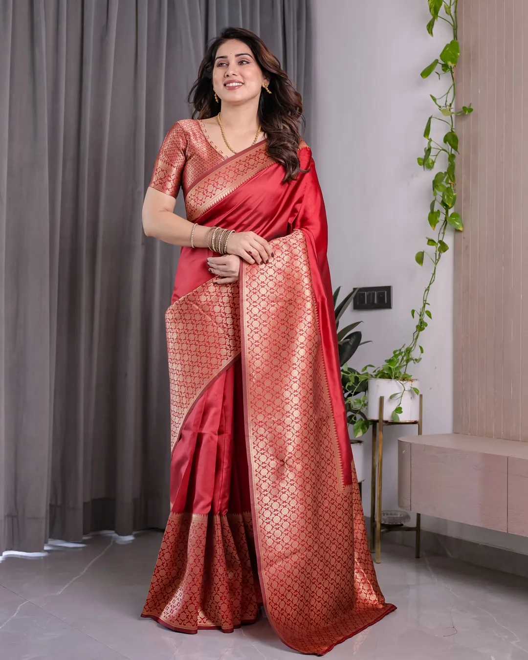 Coral Red Banarasi Soft Silk Saree With Golden Zari Borders