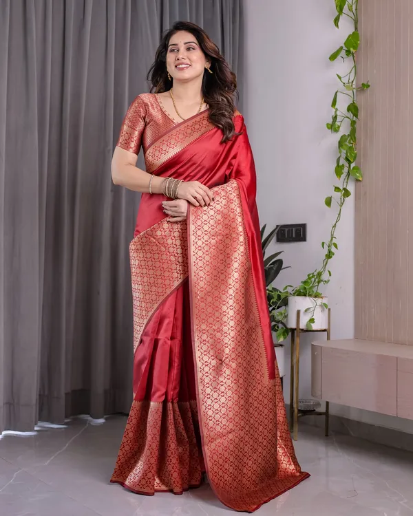 Coral Red Banarasi Soft Silk Saree With Golden Zari Borders