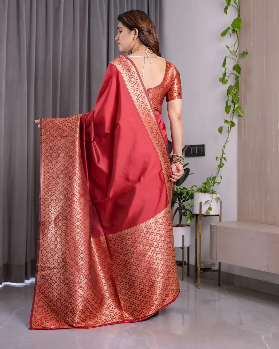 Coral Red Banarasi Soft Silk Saree With Golden Zari Borders