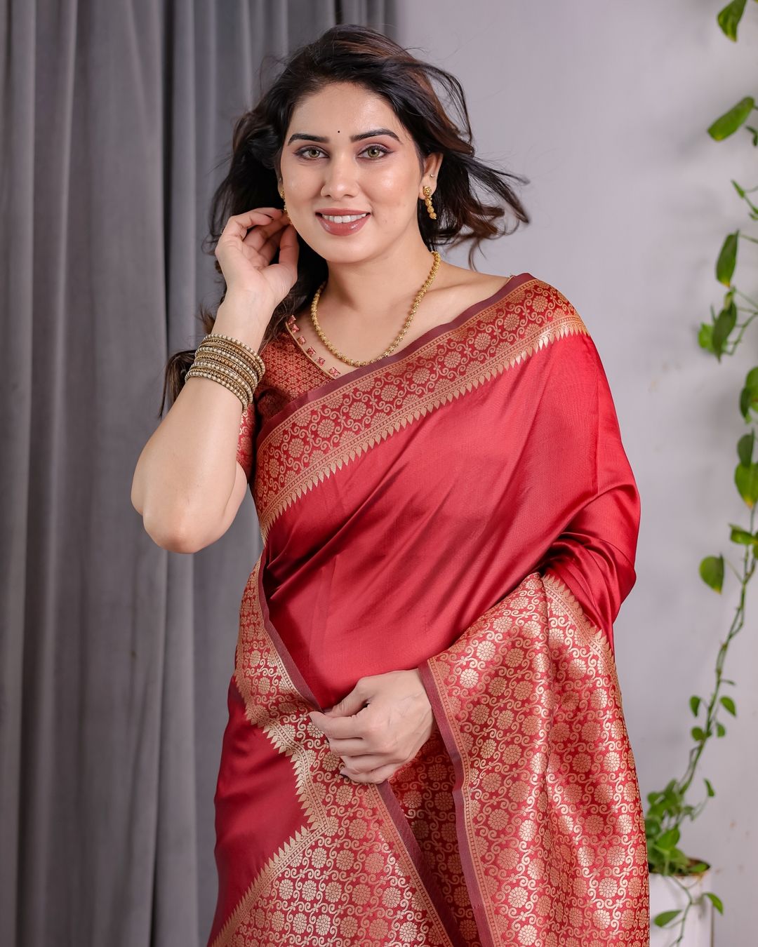 Coral Red Banarasi Soft Silk Saree With Golden Zari Borders