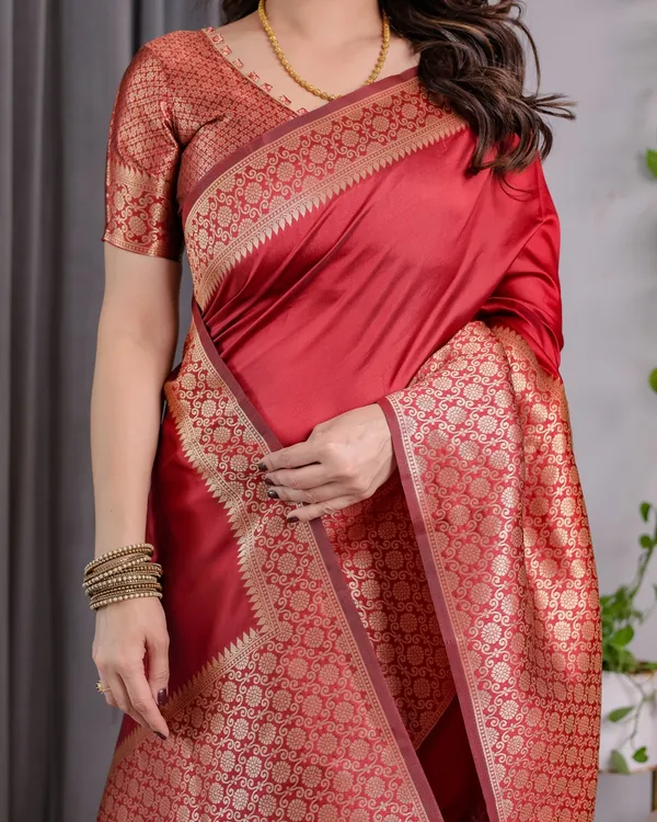 Coral Red Banarasi Soft Silk Saree With Golden Zari Borders