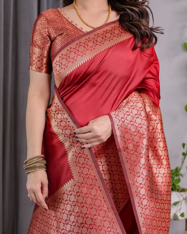 Coral Red Banarasi Soft Silk Saree With Golden Zari Borders