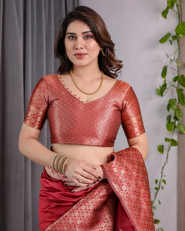 Coral Red Banarasi Soft Silk Saree With Golden Zari Borders