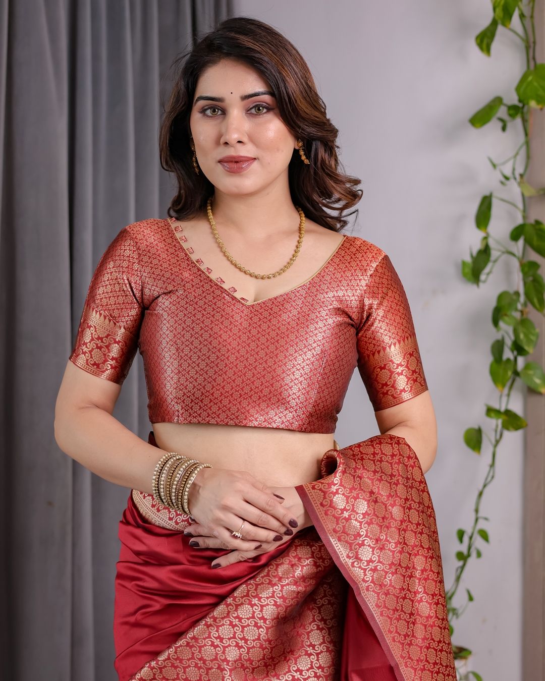 Coral Red Banarasi Soft Silk Saree With Golden Zari Borders