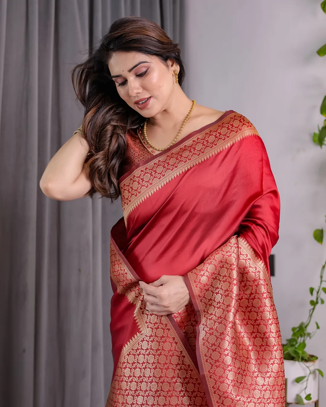 Coral Red Banarasi Soft Silk Saree With Golden Zari Borders