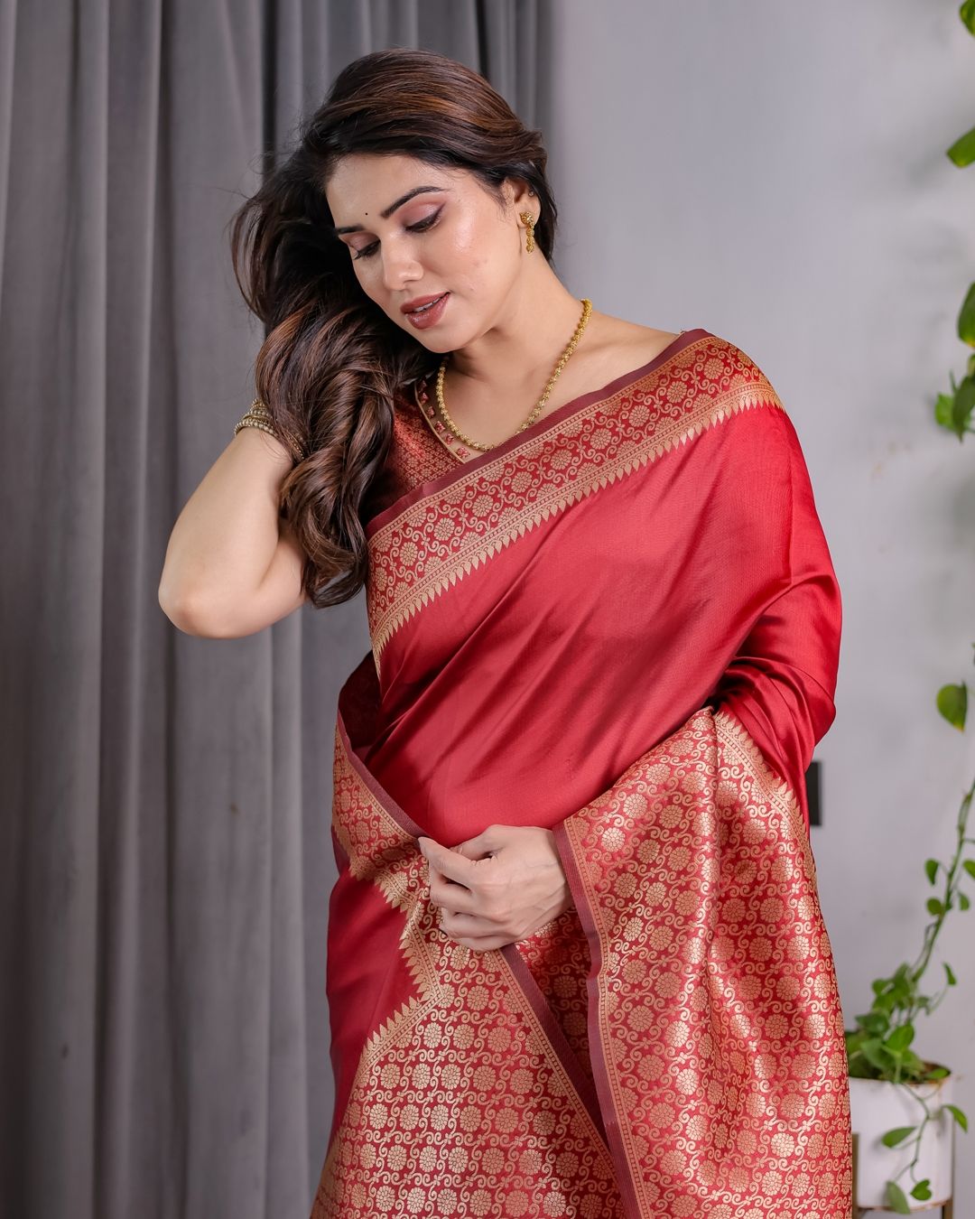 Coral Red Banarasi Soft Silk Saree With Golden Zari Borders