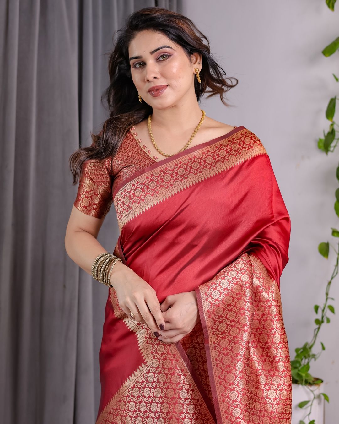 Coral Red Banarasi Soft Silk Saree With Golden Zari Borders