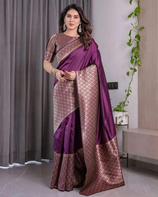 Royal Purple Banarasi Soft Silk Saree With Rich Zari Border