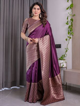 Royal Purple Banarasi Soft Silk Saree With Rich Zari Border
