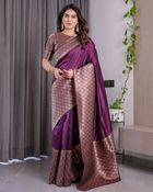 Royal Purple Banarasi Soft Silk Saree With Rich Zari Border - Wine, Purple, Mauve, Plum, Berry