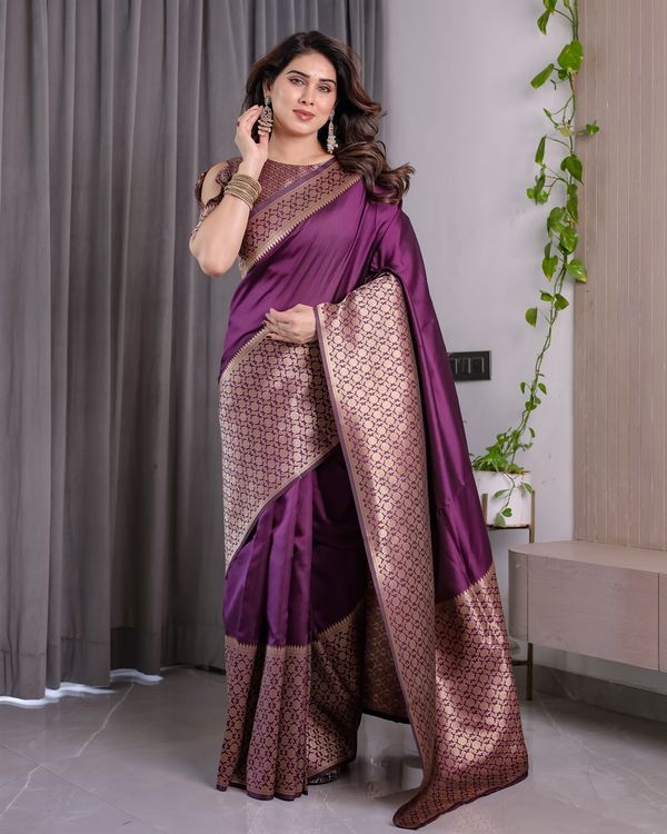 Royal Purple Banarasi Soft Silk Saree With Rich Zari Border