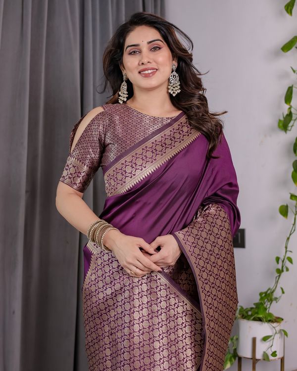 Royal Purple Banarasi Soft Silk Saree With Rich Zari Border
