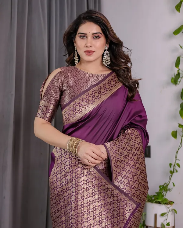 Royal Purple Banarasi Soft Silk Saree With Rich Zari Border
