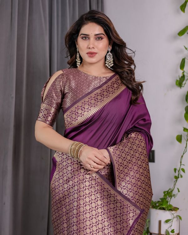 Royal Purple Banarasi Soft Silk Saree With Rich Zari Border