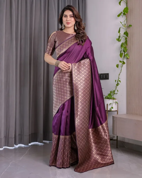 Royal Purple Banarasi Soft Silk Saree With Rich Zari Border