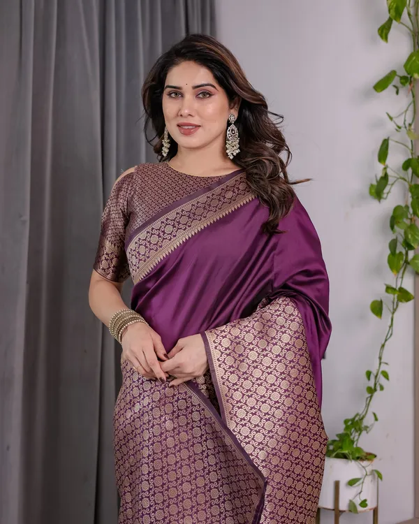 Royal Purple Banarasi Soft Silk Saree With Rich Zari Border