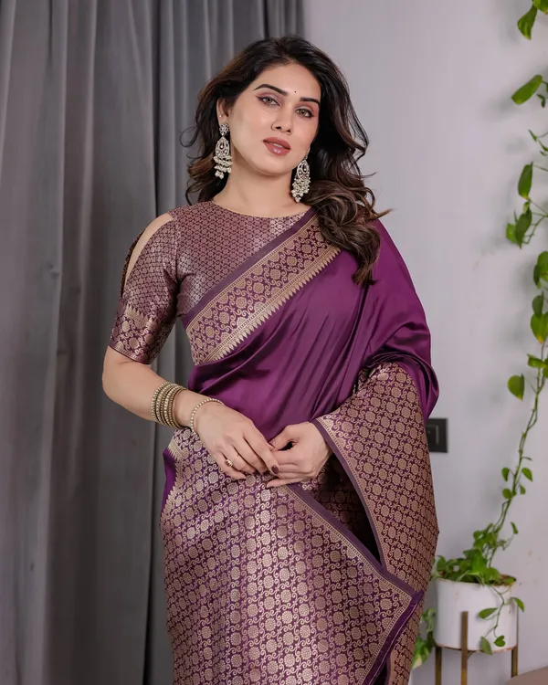 Royal Purple Banarasi Soft Silk Saree With Rich Zari Border