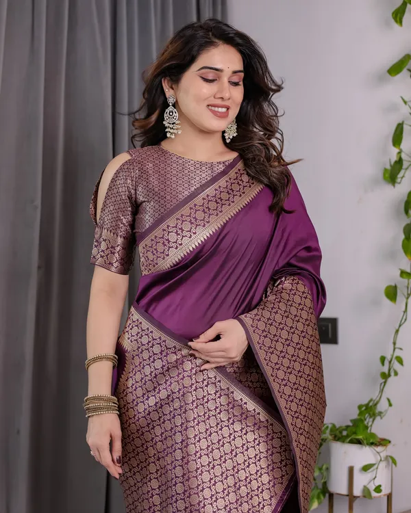 Royal Purple Banarasi Soft Silk Saree With Rich Zari Border