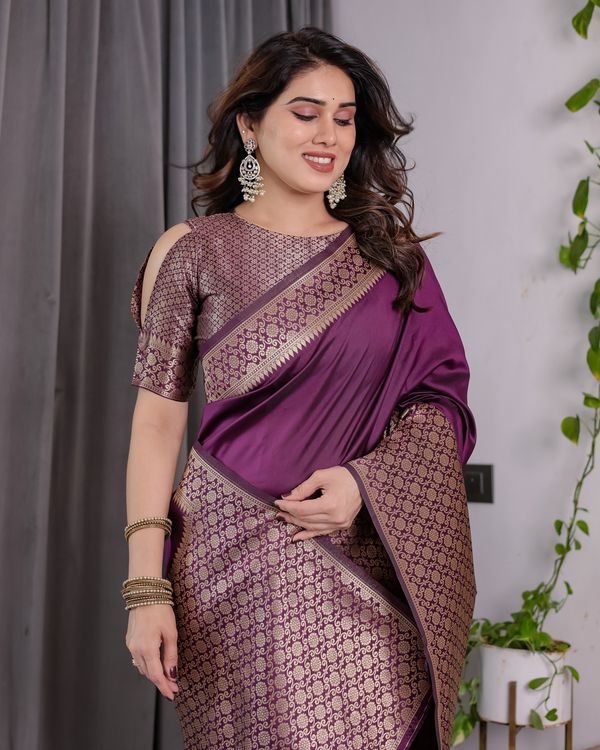 Royal Purple Banarasi Soft Silk Saree With Rich Zari Border
