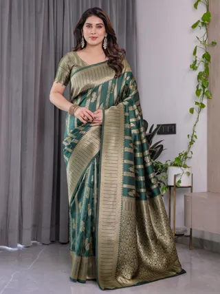 Teal Green Banarasi Soft Silk Saree with Golden Zari Border