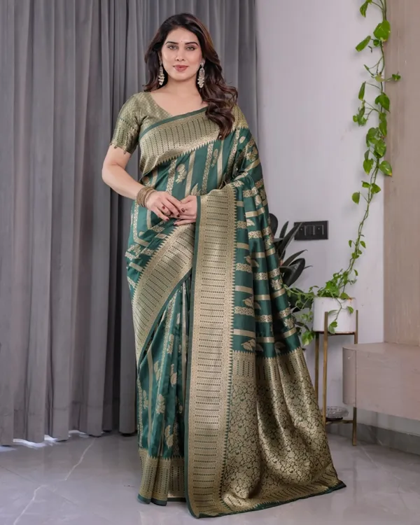 Teal Green Banarasi Soft Silk Saree With Golden Zari Border