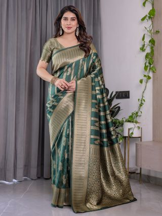 Teal Green Banarasi Soft Silk Saree With Golden Zari Border