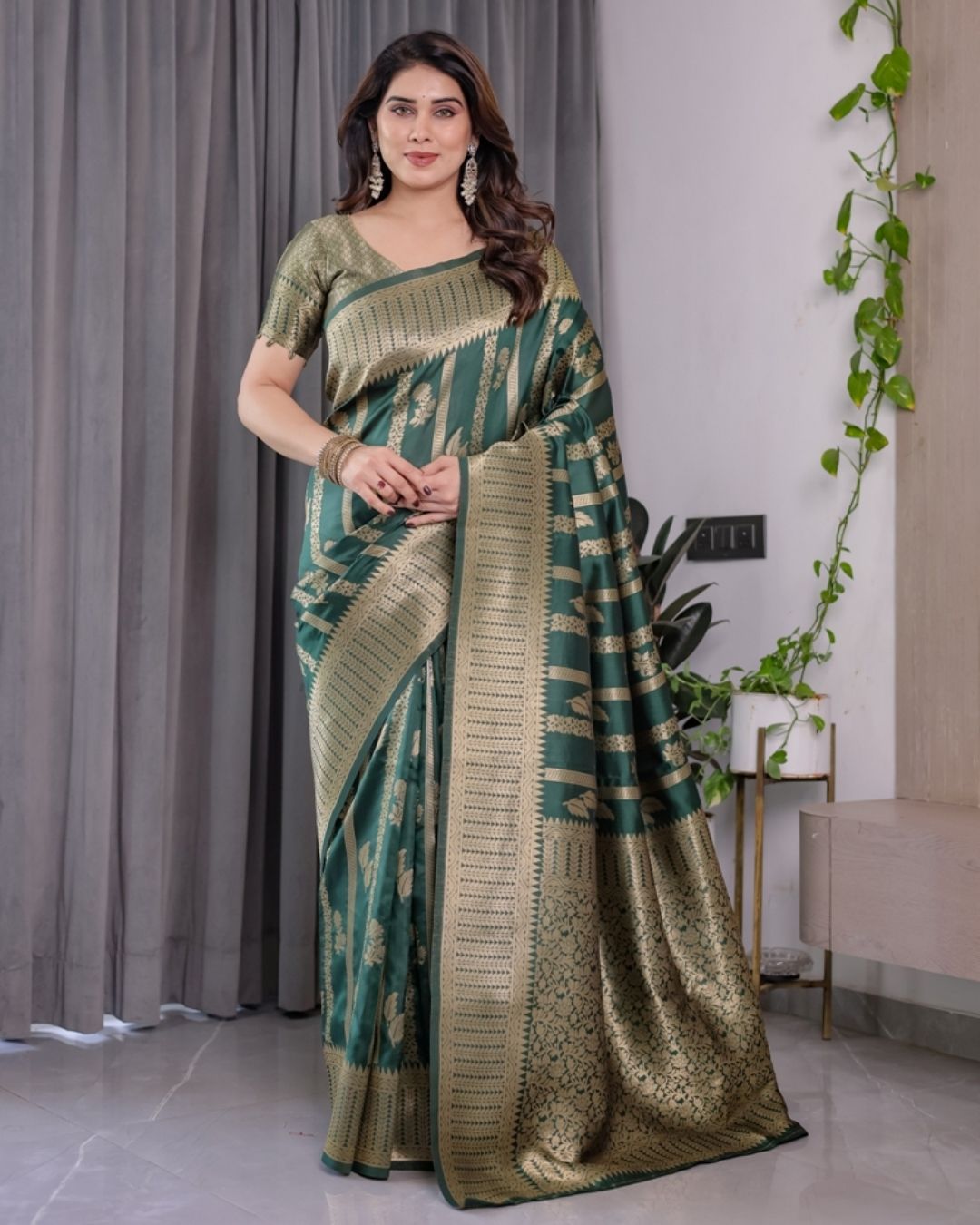Teal Green Banarasi Soft Silk Saree With Golden Zari Border