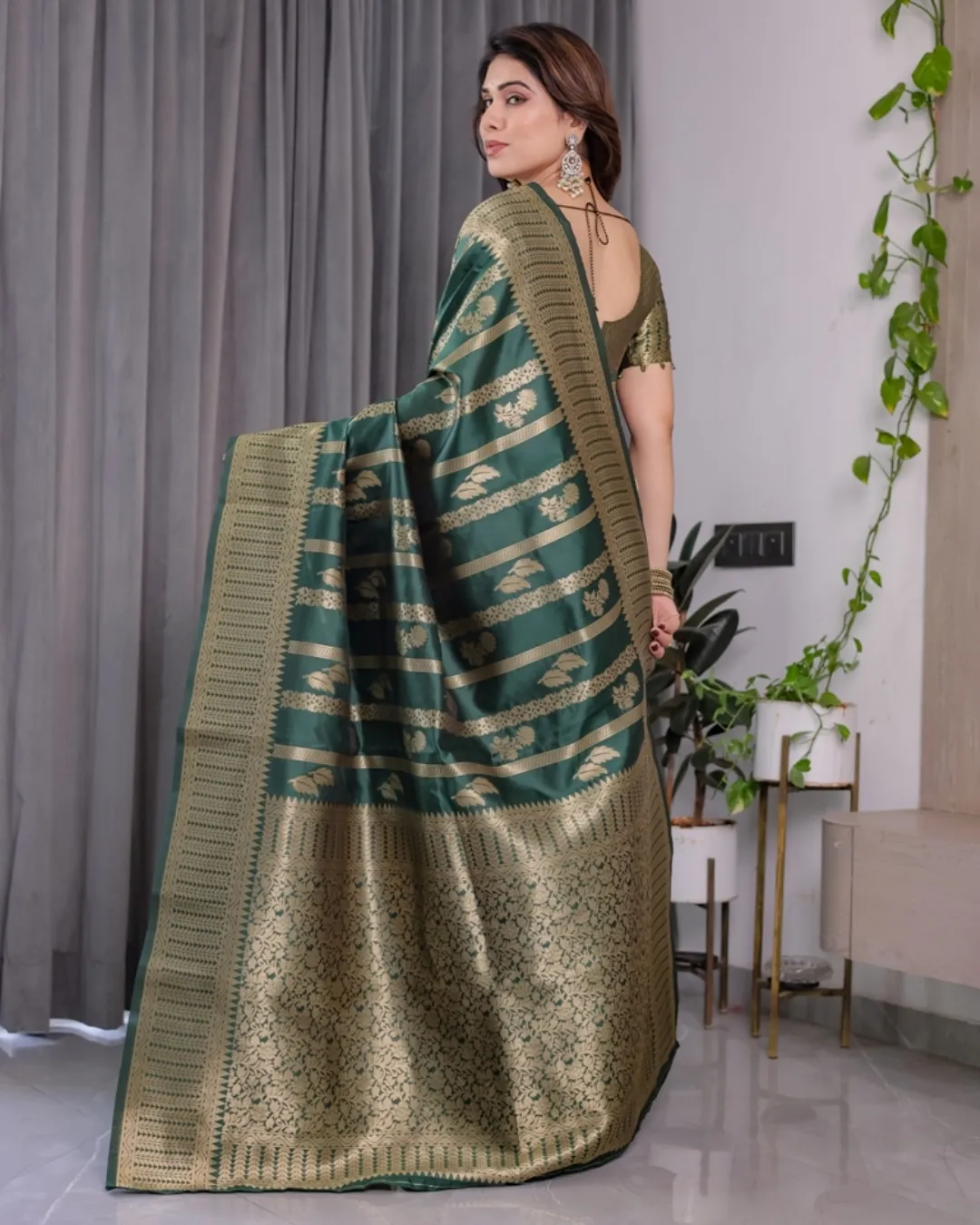 Teal Green Banarasi Soft Silk Saree With Golden Zari Border