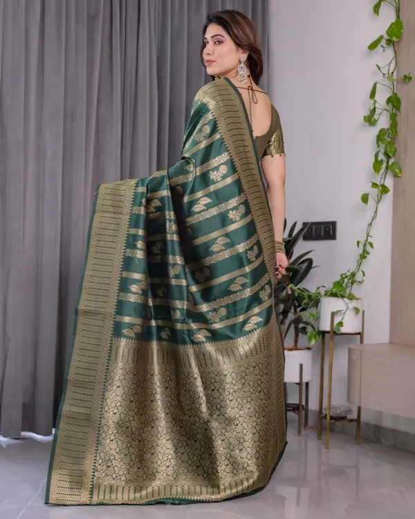 Teal Green Banarasi Soft Silk Saree With Golden Zari Border