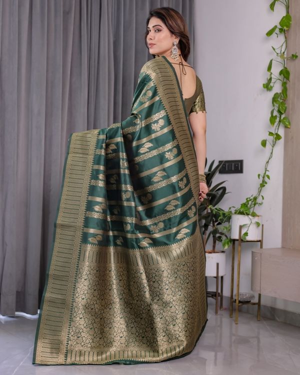 Teal Green Banarasi Soft Silk Saree With Golden Zari Border