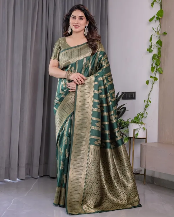 Teal Green Banarasi Soft Silk Saree With Golden Zari Border