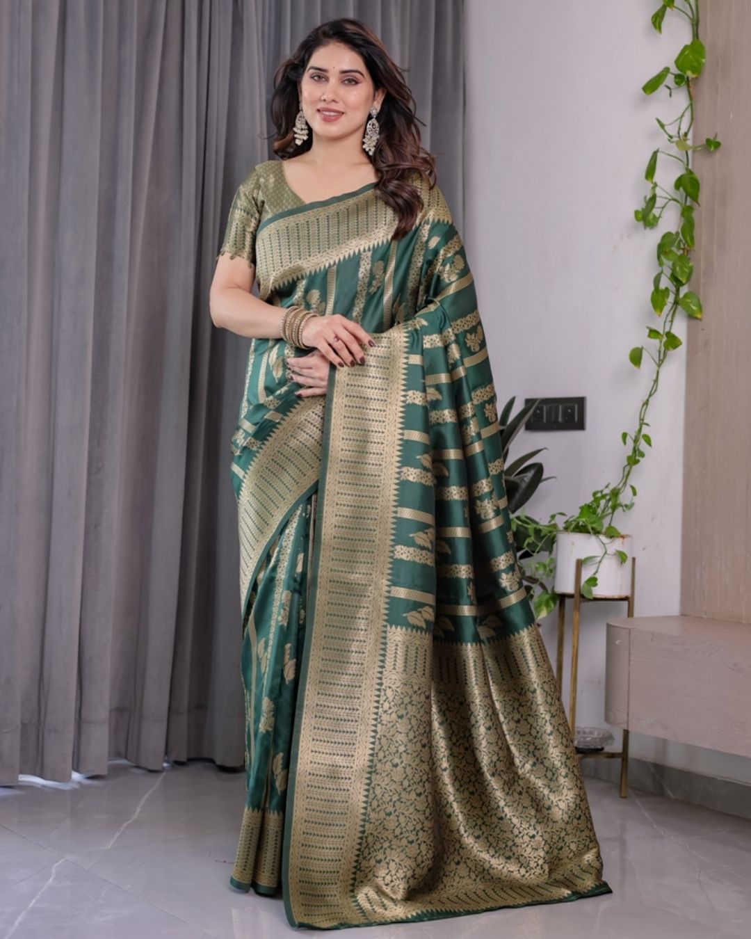 Teal Green Banarasi Soft Silk Saree With Golden Zari Border