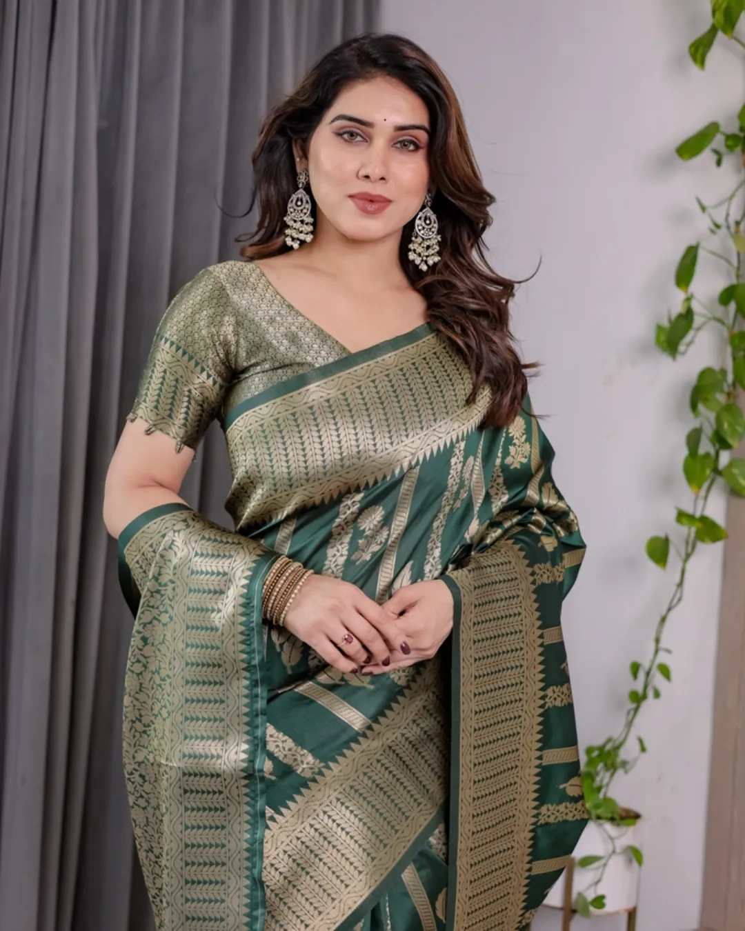 Teal Green Banarasi Soft Silk Saree With Golden Zari Border